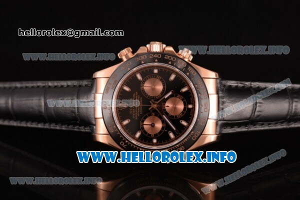 Rolex Daytona Chronograph Swiss Valjoux 7750 Automatic Rose Gold Case with Black Dial Stick Markers and Black Leather Strap (JF) - Click Image to Close
